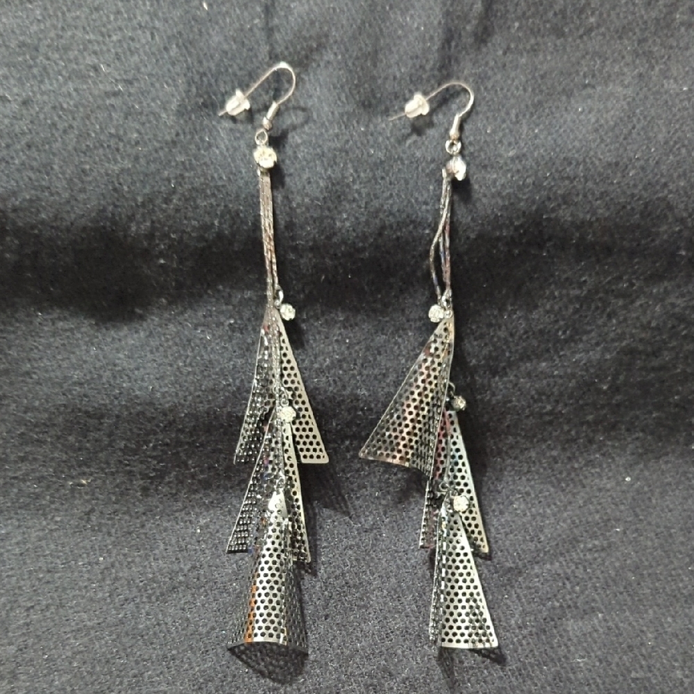 Gunmetal Black Clear Rhinestone Curved Triangle Long Shoulder Duster Earrings